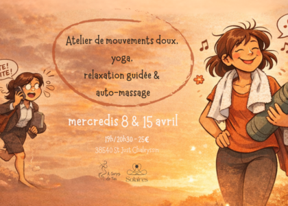 mouvements doux, yoga doux, relaxation guidée, auto massage, nord isere, saint just chaleyssin, mercredi, souffler, pause, respirer, se sentir apaisé